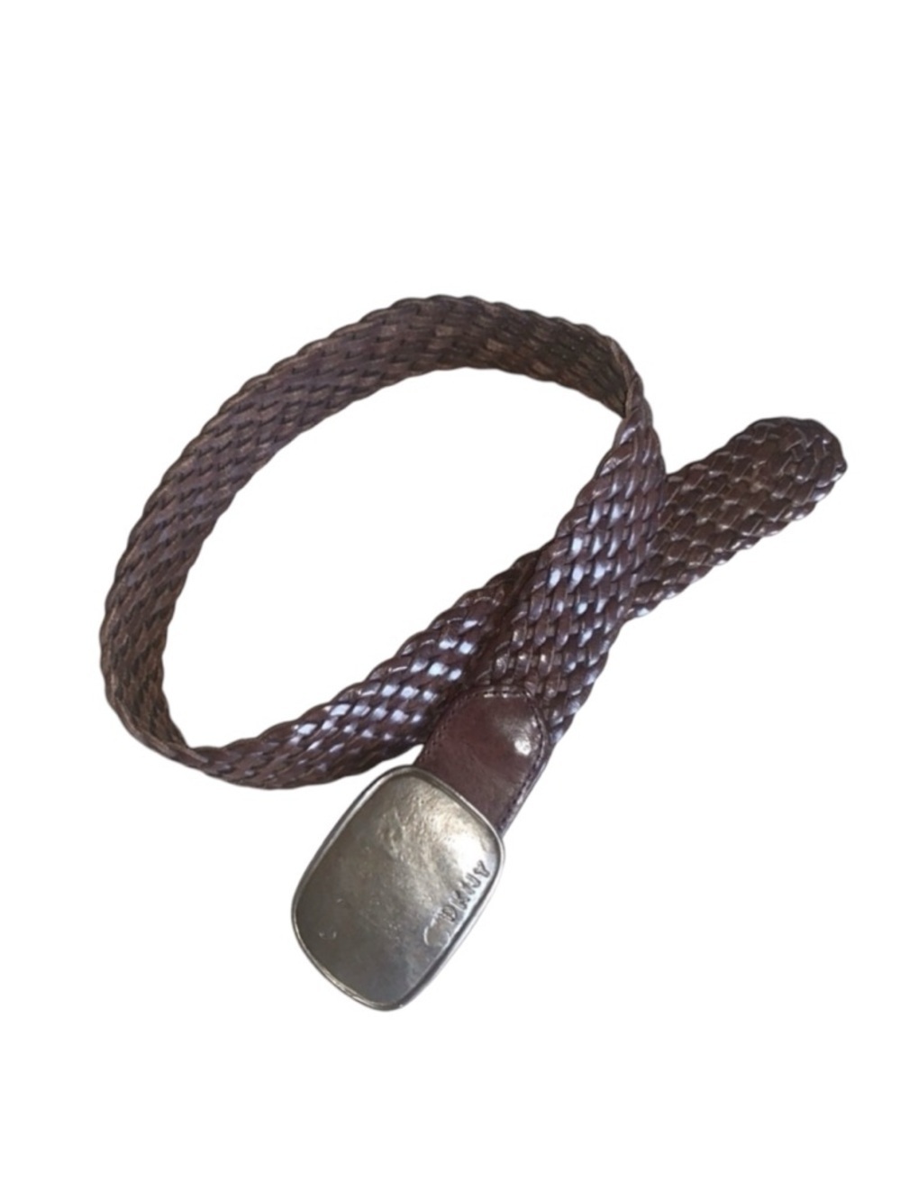 DKNY leather belt, S,Hand-hammered brass monogramed buckle, Brown, woven. Euc